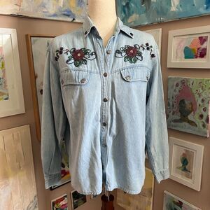 Hunt Club Beaded Embroidered Denim Button Up Shirt Size S Vintage 90s Western